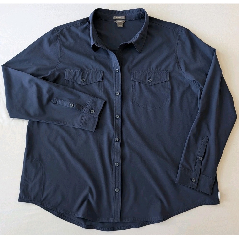 Eddie Bauer Departure Shirt Womens XL Navy Blue Long Sleeve Roll Tab Button Up